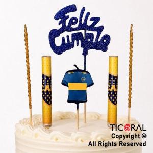 ADORNO DE TORTA SET ESCUDO BOCA JUNIORS VELA CAMISETA 2 VELAS Y 2 BENGALAS x 1